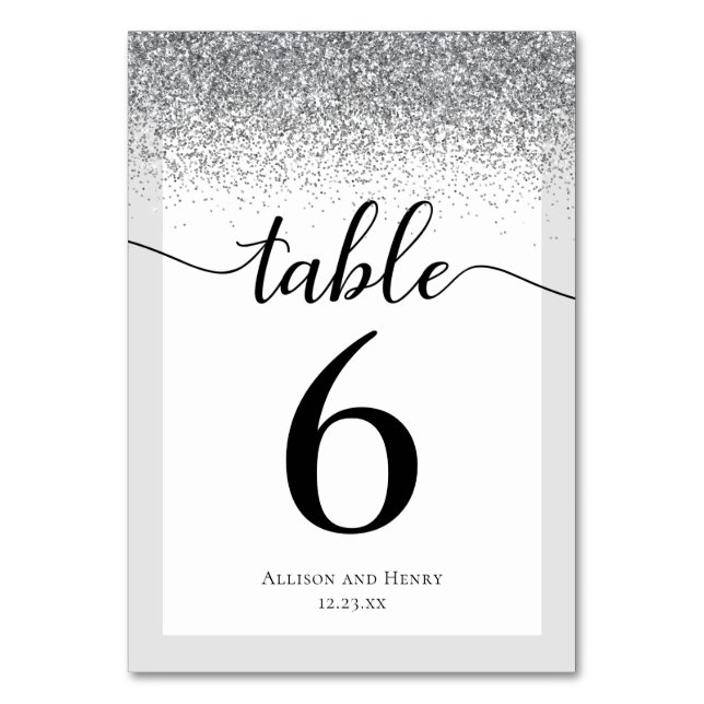 Elegante Schwarz-weiße Script-Glitzer-Hochzeit Tischnummer (Vorderseite)