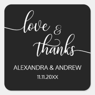 Elegante Schwarz-weiße Script Wedding Liebe & Dank Quadratischer Aufkleber