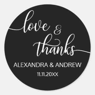 Elegante Schwarz-weiße Script Wedding Liebe & Dank Runder Aufkleber