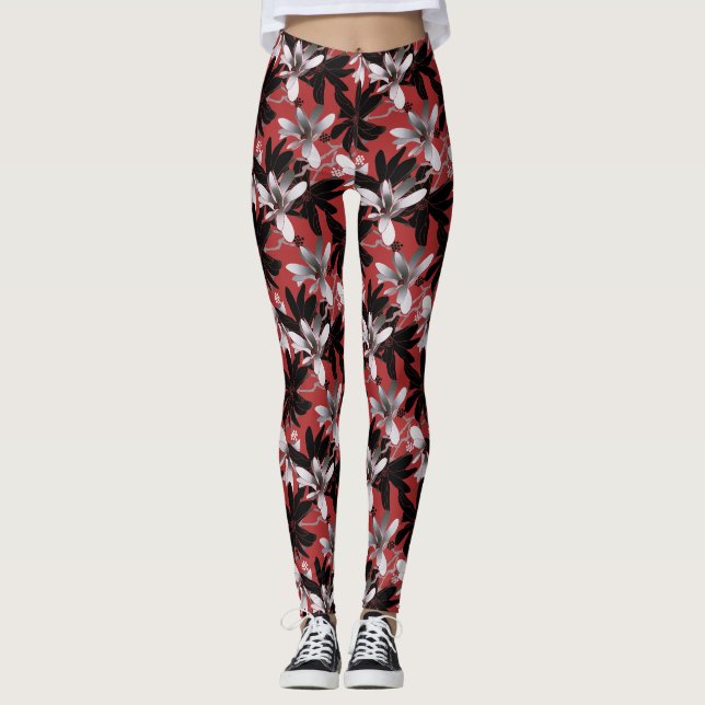 Elegante Schwarz-weiße Silver Blume Burgund Leggings (Vorderseite)
