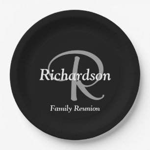 Elegante Schwarz-weiße Silver Monogram Family Wied Pappteller