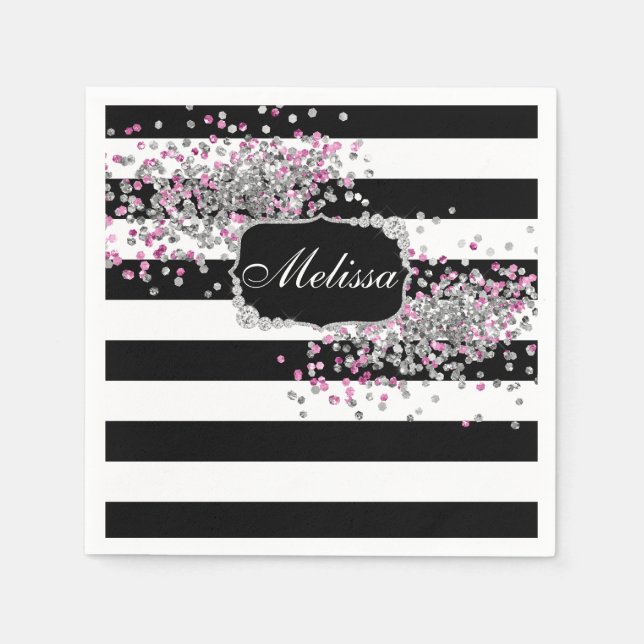 Elegante Schwarz-weiße Streifen Diamantrosa Badema Serviette (Vorderseite)