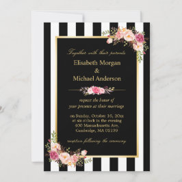 Elegante Schwarz-weiße Streifen Hochzeit der Blume Einladung