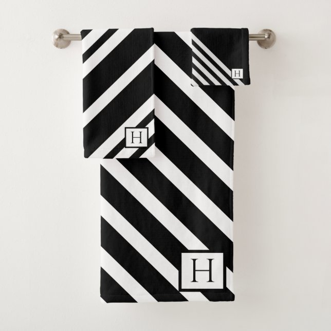 Elegante schwarz-weiße Streifen Mit Monogramm Badhandtuch Set (Insitu)
