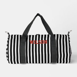 Elegante schwarz-weiße Streifen Monogramm Name Duffle Bag