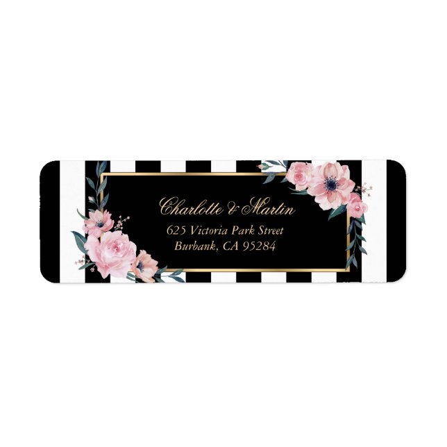 Elegante Schwarz-weiße Streifen Rosa Blütenfarben (Vorne)