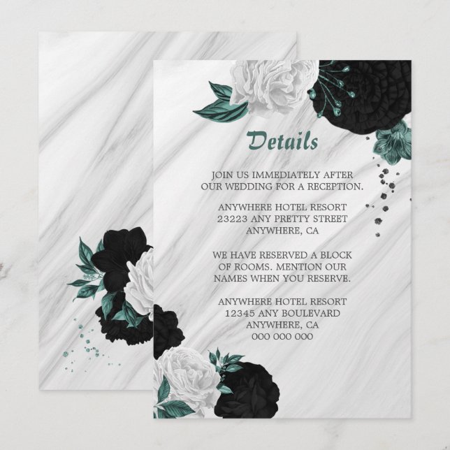 Elegante Schwarz-weiße und aquamarine Blume Detail Begleitkarte (Vorne/Hinten)