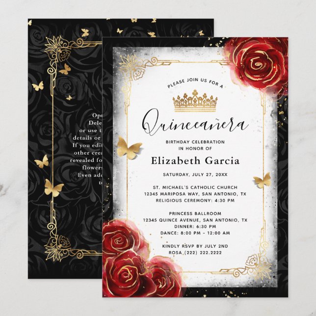Elegante Schwarz-weiße und rote Quinceanera Einladung (Vorne/Hinten)