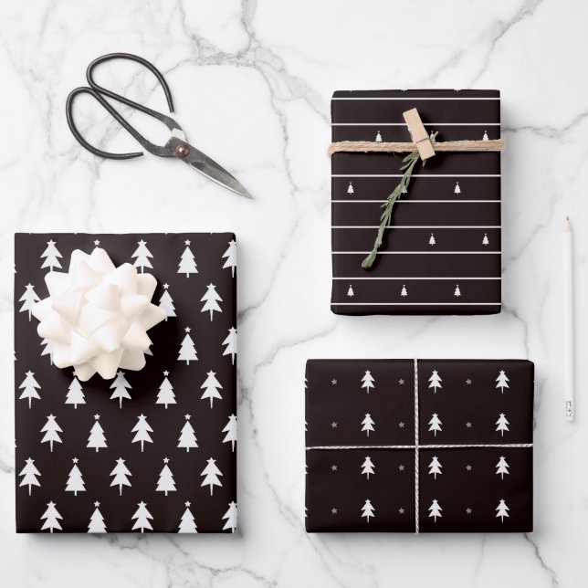 Elegante Schwarz-weiße Weihnachtsbaumen Geschenkpapier Set (Vorderseite)