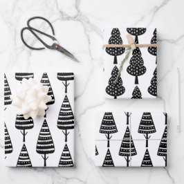Elegante Schwarz-weiße Weihnachtsbaumen Geschenkpapier Set