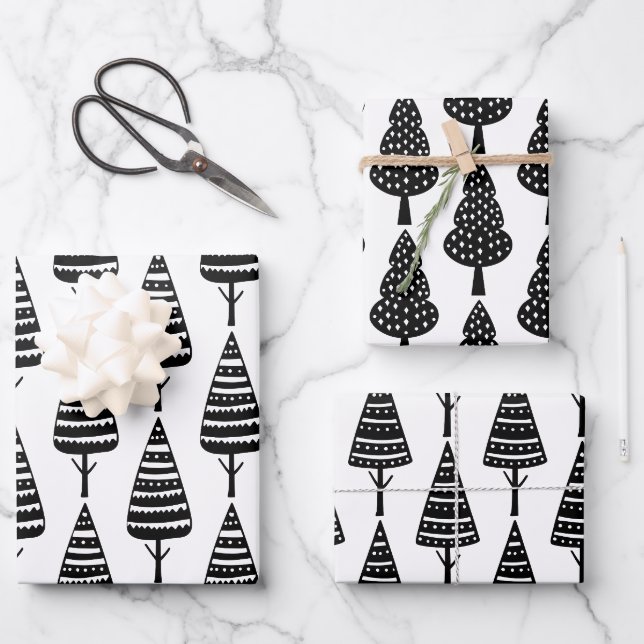 Elegante Schwarz-weiße Weihnachtsbaumen Geschenkpapier Set (Vorderseite)