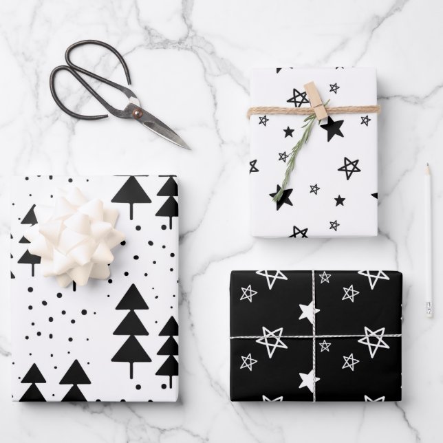 Elegante schwarz-weiße Weihnachtsbaumen Sterne  Geschenkpapier Set (Vorderseite)