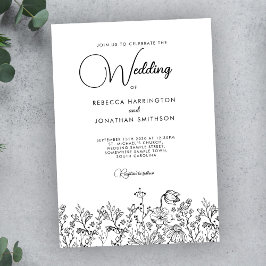 Elegante Schwarz-weiße Wildblumen Foto Hochzeit Einladung
