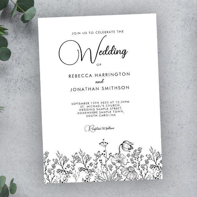 Elegante Schwarz-weiße Wildblumen Foto Hochzeit Einladung (Von Creator hochgeladen)