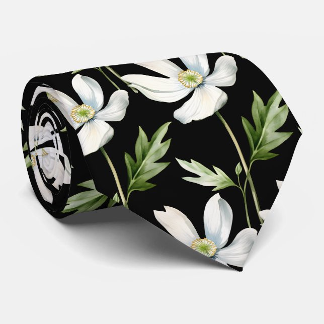 Elegante Schwarz-weiße Wildblumen Neck Tie Krawatte (Gerollt)