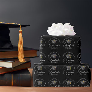 Elegante schwarze Abschlussfeier personalisiert Geschenkpapier