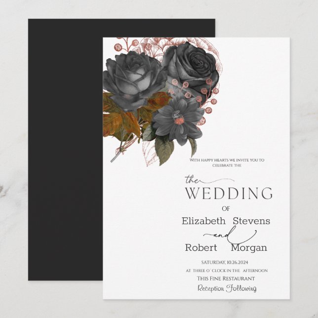 Elegante Schwarze Blume Einladung Hochzeit (Vorne/Hinten)