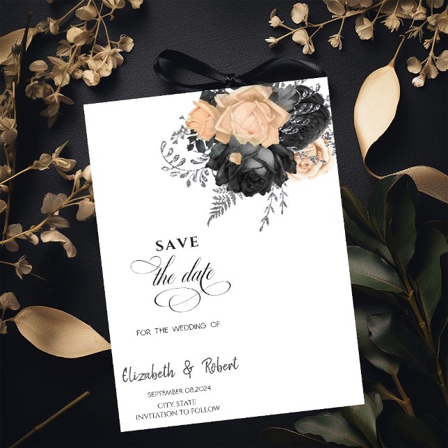 Elegante Schwarze Blume Save the Date Cream (Von Creator hochgeladen)
