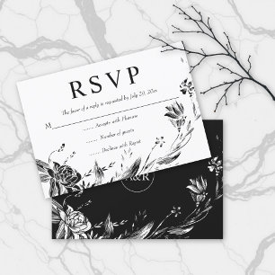 Elegante Schwarze Blume Typografie Blumenhochzeit RSVP Karte