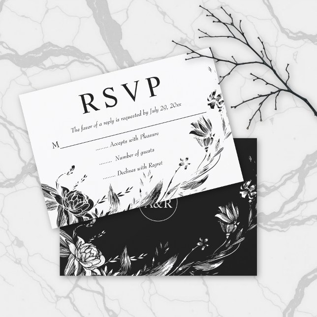Elegante Schwarze Blume Typografie Blumenhochzeit RSVP Karte (Von Creator hochgeladen)