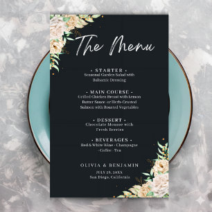 Elegante schwarze Blumen-Hochzeitsmenüvorlage Menükarte