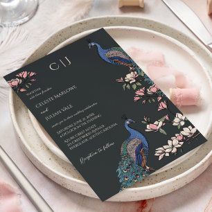 Elegante schwarze Blumen-Pfau-Hochzeit Einladung