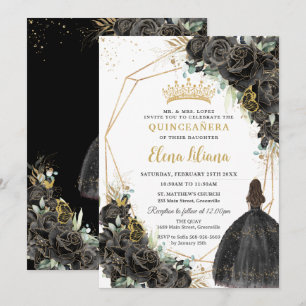 Elegante schwarze Blumenrosen Gold Quinceanera Swe Einladung
