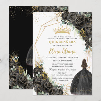 Elegante schwarze Blumenrosen Gold Quinceanera Swe Einladung