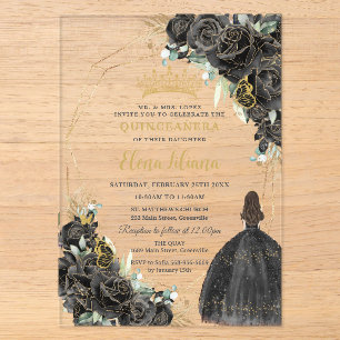 Elegante schwarze Blumenrosen Goldene Quinceanera Acryleinladungen