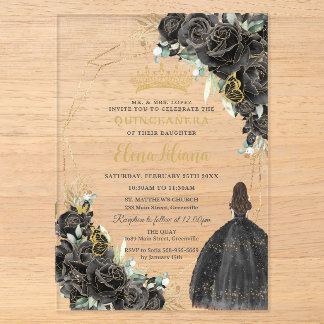 Elegante schwarze Blumenrosen Goldene Quinceanera Acryleinladungen