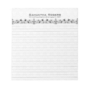 Elegante schwarze Blumenstickerei und weiße Damast Notizblock