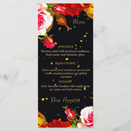 Elegante Schwarze Blumige Goldfolie Hochzeitsplatz Menükarte