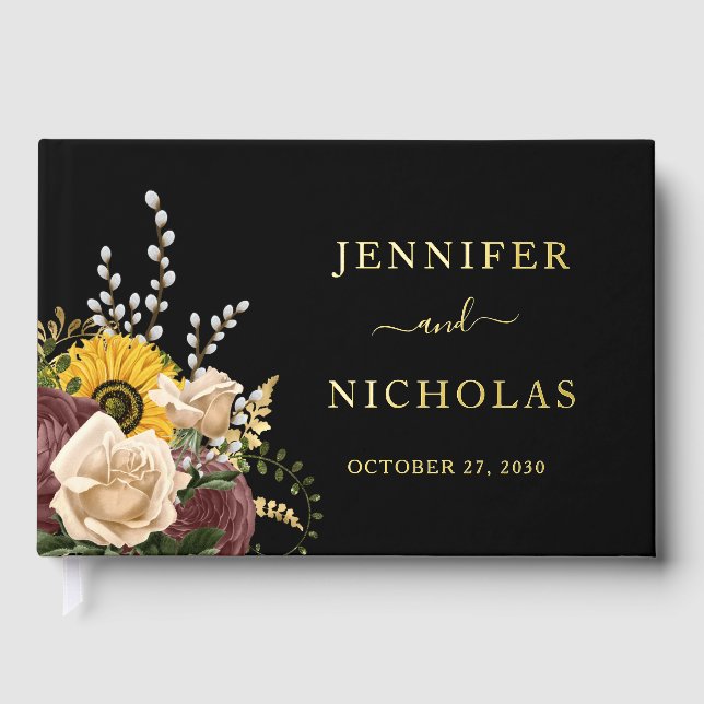 Elegante Schwarze Blütenblume Hochzeit Gold Gästebuch (Vorderseite)