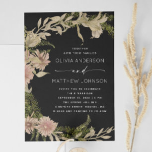 Elegante schwarze botanische Hochzeit Florale Fa Einladung