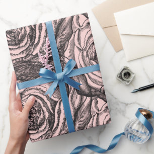 Elegante Schwarze botanische Rose in Rosa Geschenkpapier