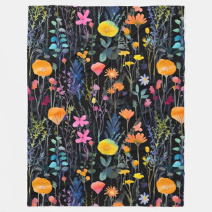 Elegante schwarze bunte Wildblumen Aquarell Fleecedecke