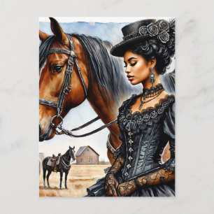 Elegante schwarze Cowgirl mit Pferd-Postkarte Postkarte