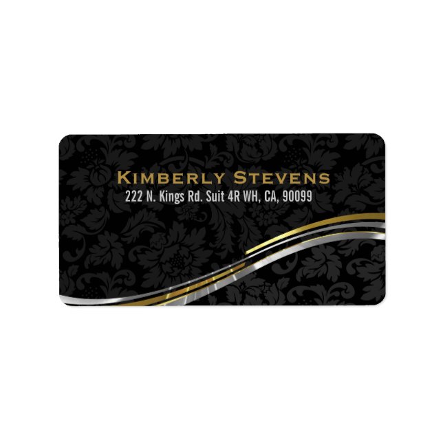 Elegante schwarze Damaskus Gold und Silber Akzente Adressaufkleber (Vorne)