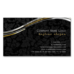 Elegante schwarze Damaskus Silver & Gold Akzente Magnetische Visitenkarte