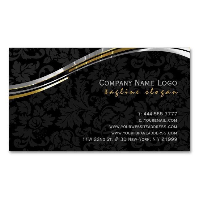 Elegante schwarze Damaskus Silver & Gold Akzente Magnetische Visitenkarte (Vorderseite)