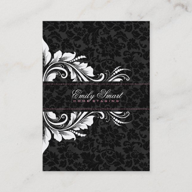 Elegante Schwarze Damaskus Weiße Blumen Ornament 2 Visitenkarte (Vorderseite)