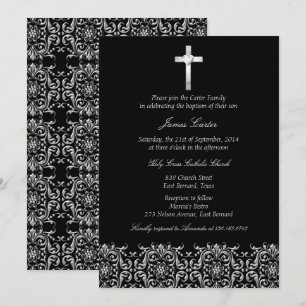 Elegante schwarze Damast & Kreuz-Taufeinladung Einladung