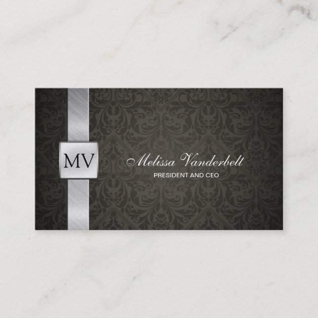 Elegante schwarze Damast-und Silber-Visitenkarten Visitenkarte (Vorderseite)