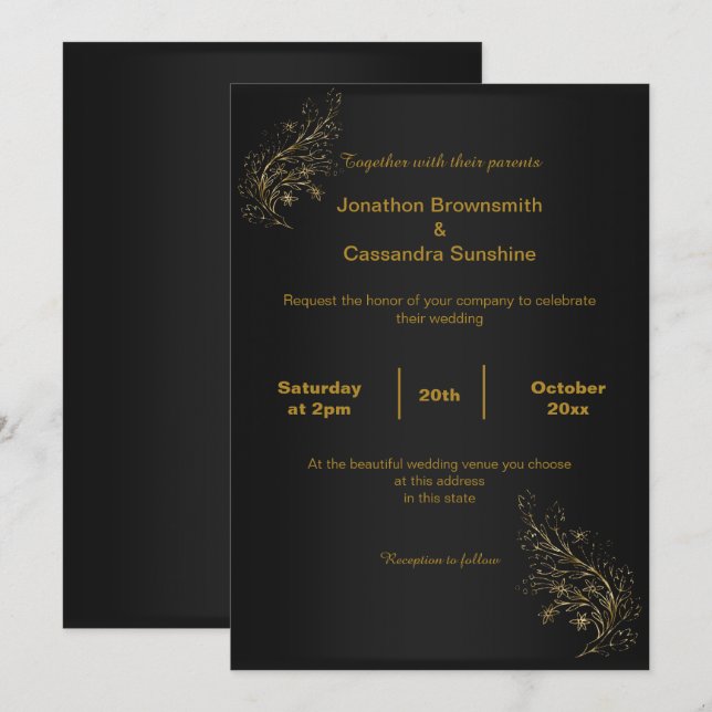 ELEGANTE SCHWARZE EINFACHE GOLD LEAF SCHWARZE REVE EINLADUNG (Vorne/Hinten)