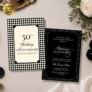 Elegante schwarze Elfenbein karierte Hochzeitsjubi Einladung