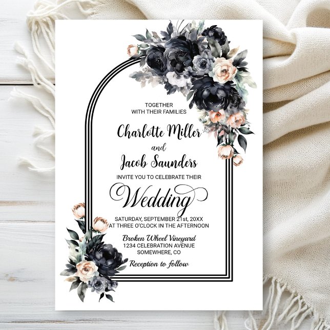 Elegante Schwarze Flora Arch Wedding Einladung (Von Creator hochgeladen)