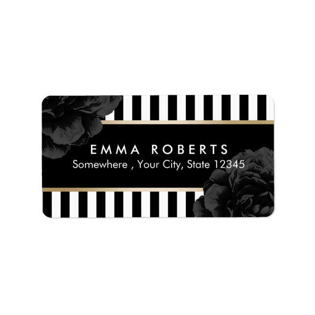 Elegante Schwarze Flora Moderne Schwarz-Weiß Strei Adressaufkleber (Vorne)