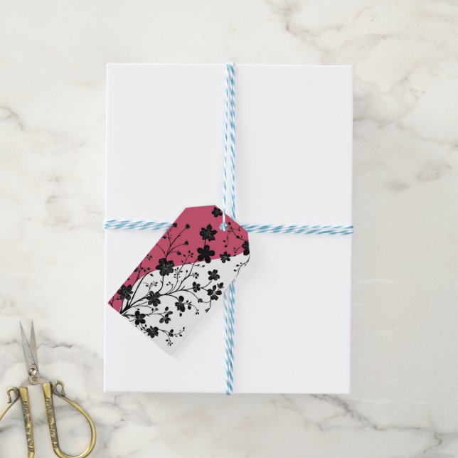 Elegante Schwarze Flora Silhouette auf Rosa und We Geschenkanhänger (Mit Garn)