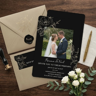 Elegante schwarze florale Hochzeits-Foto-Einladung Einladung