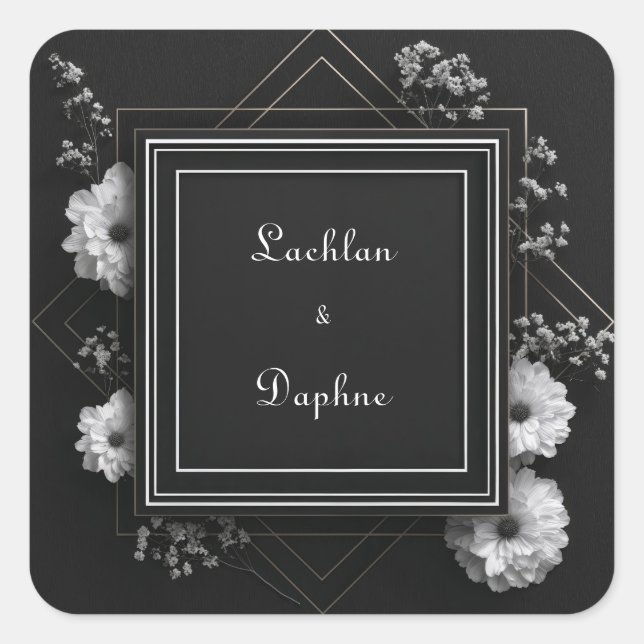 Elegante Schwarze Florrahmen White Daisies Wedding Quadratischer Aufkleber (Vorderseite)
